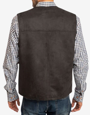 Back view of rustic brown leather Trachten vest for men showcasing smooth rear panel, durable leather construction, clean stitching and classic traditional Bavarian Oktoberfest outfit design.
