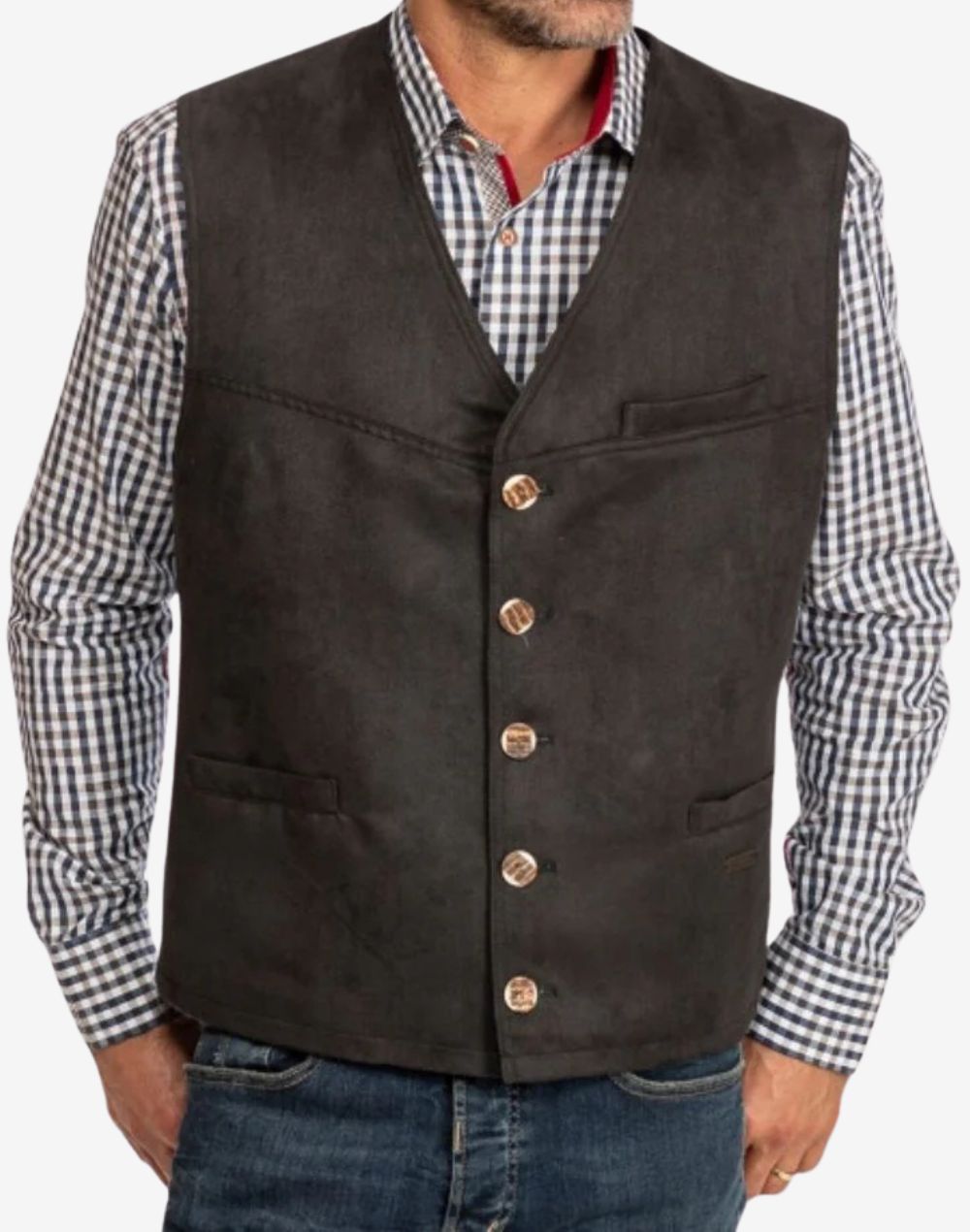 Front view of mens rustic brown leather Trachten vest featuring traditional Bavarian design, V-neck cut, decorative horn-style buttons, multiple pockets and authentic Oktoberfest styling.