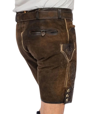 Model back view showing brown suede leather shorts, rear pocket zipper, and Mens Rustic Oktoberfest Lederhosen fit