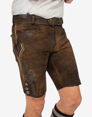 Rustic Oktoberfest Lederhosen mens, worn front angle showing smooth panel look, belt buckle, and stitched side trim