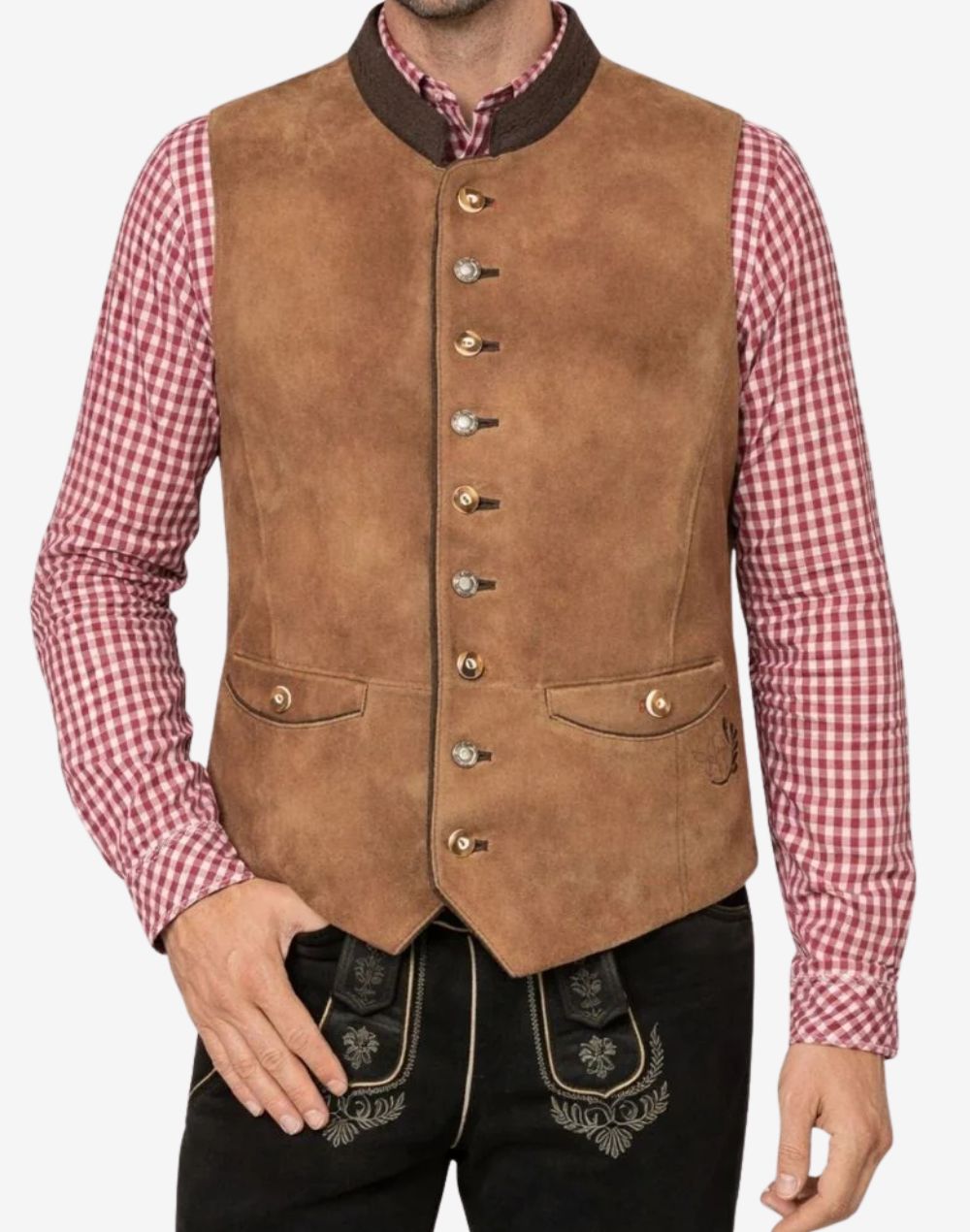 Close-up of mens tan suede Trachten vest featuring traditional metal buttons, soft suede texture and classic Bavarian styling.