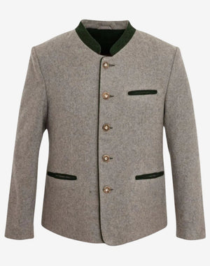 Front view of mens timeless Bavarian jacket featuring classic stand collar, alpine buttons and traditional Trachten tailoring.