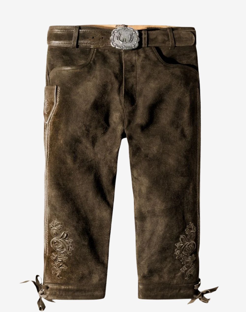 Front view of mens traditional alpine bundhosen featuring vintage brown leather, embroidered leg detail and classic Bavarian knee-length cut