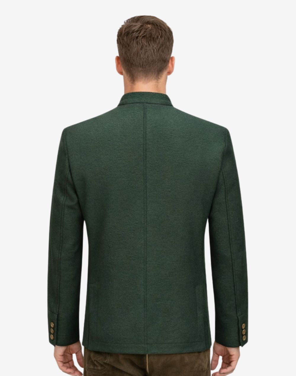 Back view of model wearing Mens Traditional Alpine Jacket showing tailored alpine cut and clean rear panel