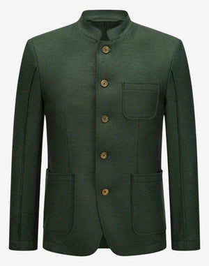 mens traditional alpine jacket featuring classic stand collar, button closure, green wool fabric and clean Bavarian design