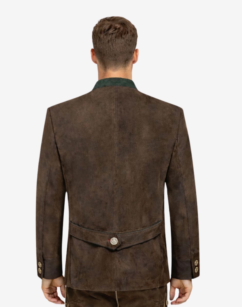 Back view of model wearing Mens Traditional Alpine Leather Jacket featuring classic Bavarian tailoring and adjustable back strap