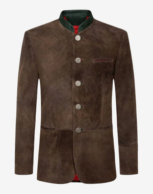 mens traditional alpine leather jacket featuring stand collar, button closure and classic Bavarian inspired design