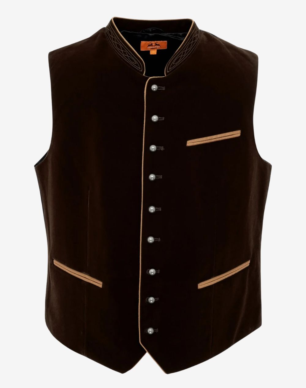 Close-up detail of men’s traditional Bavarian vest highlighting velvet fabric texture, decorative metal buttons and beige pocket trim typical of classic Trachten design.