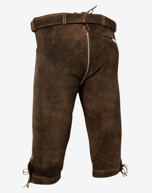 Rear view of men’s traditional festival bundhosen showing smooth leather finish, back pocket detail and authentic alpine design