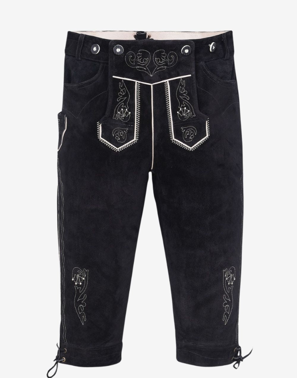 Front view of mens black Bavarian bundhosen with embroidered bib flap and button waist