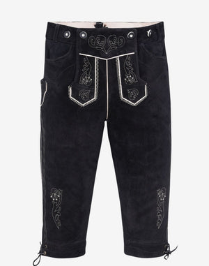 Front view of mens black Bavarian bundhosen with embroidered bib flap and button waist