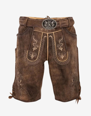 Munich Fest Men Lederhosen brown suede leather shorts with embroidered front bib, ornate belt buckle, and traditional Bavarian style