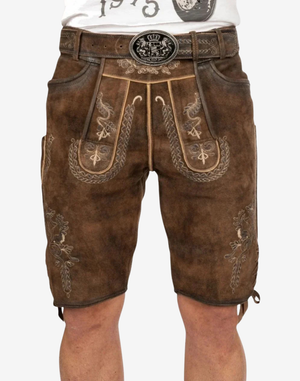 Munich Fest Men Lederhosen front view showing detailed bib embroidery, contrast stitching, and vintage brown suede finish