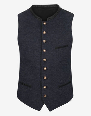 Front view of navy blue wool Trachten vest for men featuring traditional Bavarian design, button closure, and classic Alpine style.