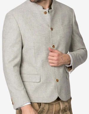 Side profile of off white wool Trachten jacket for men displaying tailored structure and classic Bavarian design.