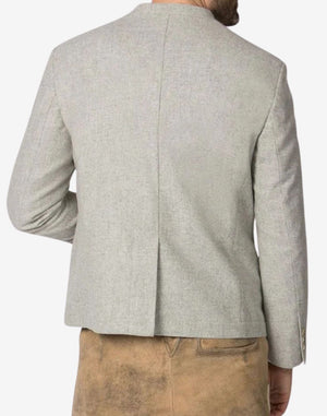 Back view of premium off white wool Trachten jacket showing structured seams and traditional Bavarian Trachten fit.