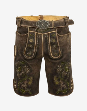 Oktoberfest Leather Shorts for Men, dark brown suede, belt, green floral embroidery, side lacing, horn buttons