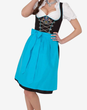 Angled view of model wearing Oktoberfest dirndl dress showing embroidered bodice, fitted waist and flowing blue apron detail