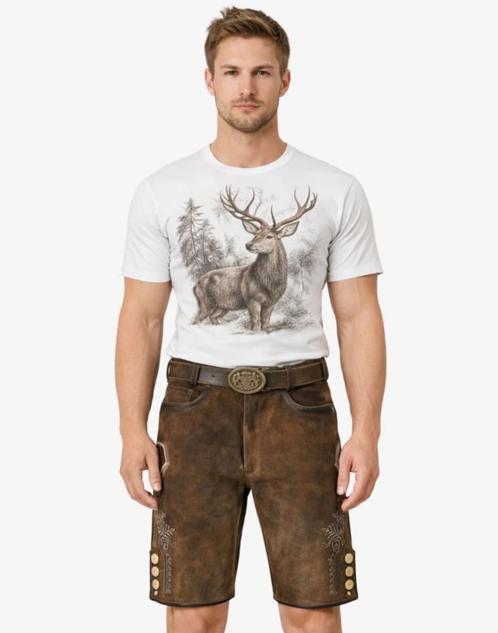 Man wearing a white t-shirt with a deer graphic and brown leather shorts on a white background