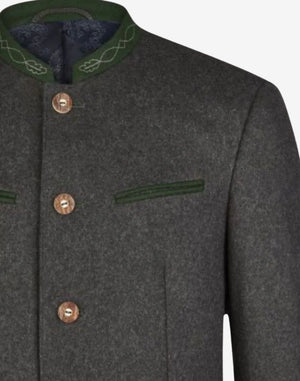Close up of Oktoberfest wool jacket buttons showing traditional Bavarian horn style buttons and textured wool fabric.