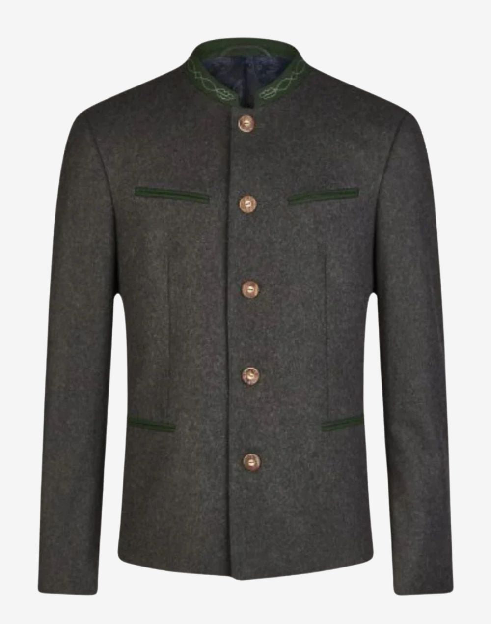 Front view of Oktoberfest wool jacket for men featuring stand collar, traditional buttons and classic Bavarian tailoring.