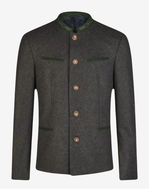 Front view of Oktoberfest wool jacket for men featuring stand collar, traditional buttons and classic Bavarian tailoring.