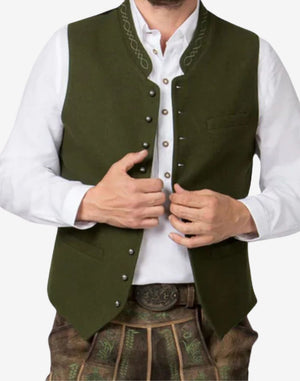 Front view of olive green wool Trachten vest for men featuring traditional Bavarian design, horn-style buttons, and stand collar embroidery.