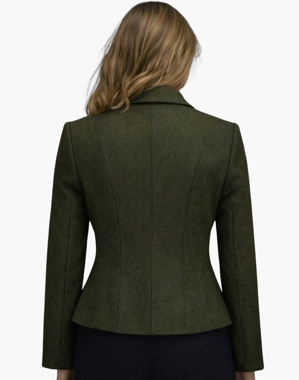 Back view of a woman wearing the same olive green fitted jacket, highlighting the shaped seam lines and slightly flared hem. The jacket is styled with dark trousers, and her shoulder-length blonde hair falls naturally over the collar. The background is plain light gray.
