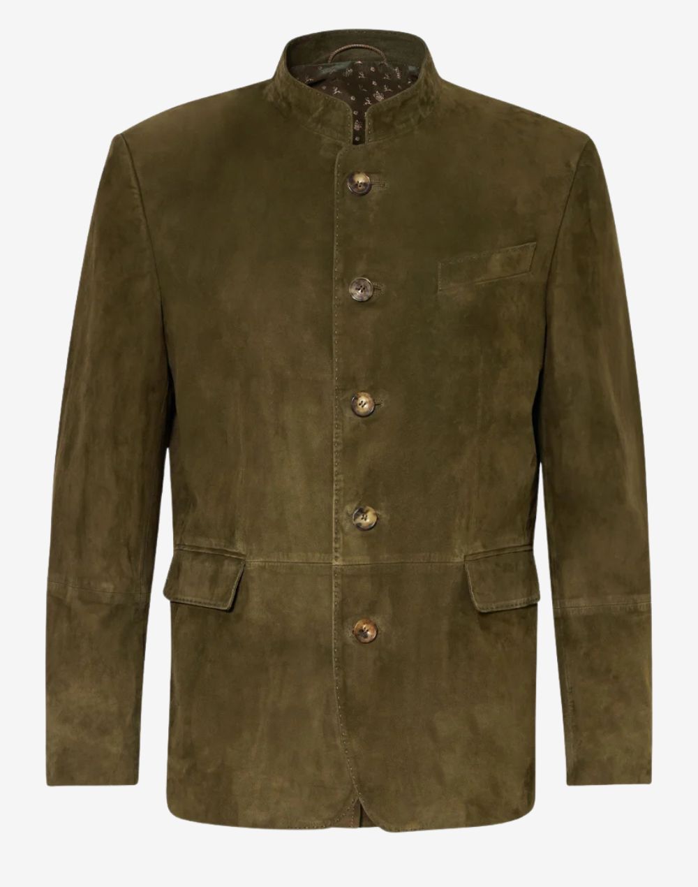 Front view of olive suede leather men’s Bavarian jacket featuring traditional Trachten design, button closure, stand collar, and classic rustic finish.