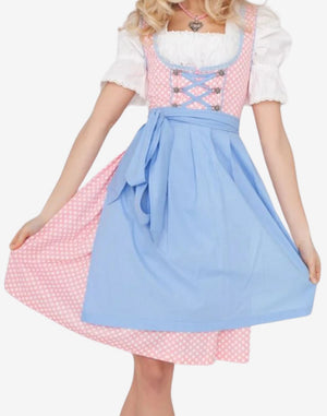 Angled view of pastel blue Bavarian dirndl dress worn by model highlighting flowing apron, side fit and alpine styling