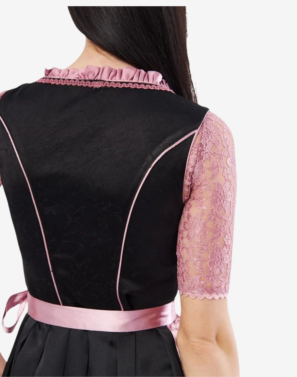 Close rear detail of pink satin dirndl highlighting lace sleeve texture, satin waistband and structured traditional bodice