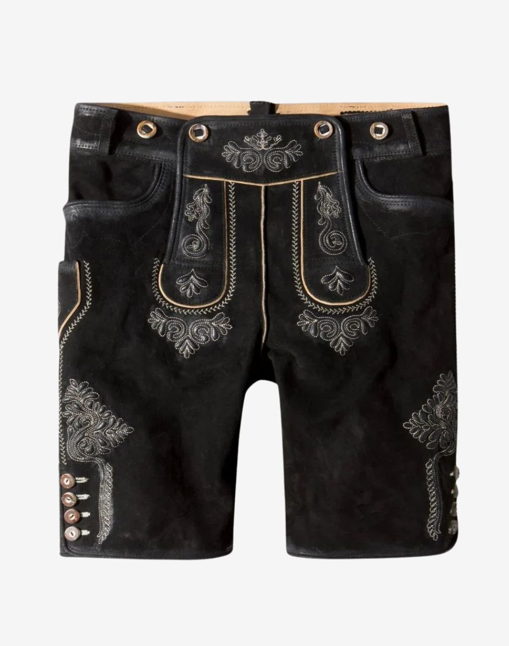 Premium Alpine Lederhosen for Men black suede with silver embroidery front flap trim button cuffs and suspenders
