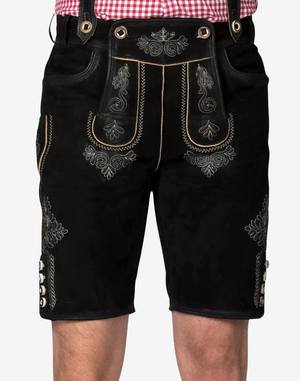 Premium Lederhosen Alpine for Men worn with suspenders shows black suede shorts silver embroidery and front flap