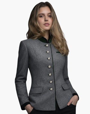 Woman wearing a gray blazer with buttons on a white background
