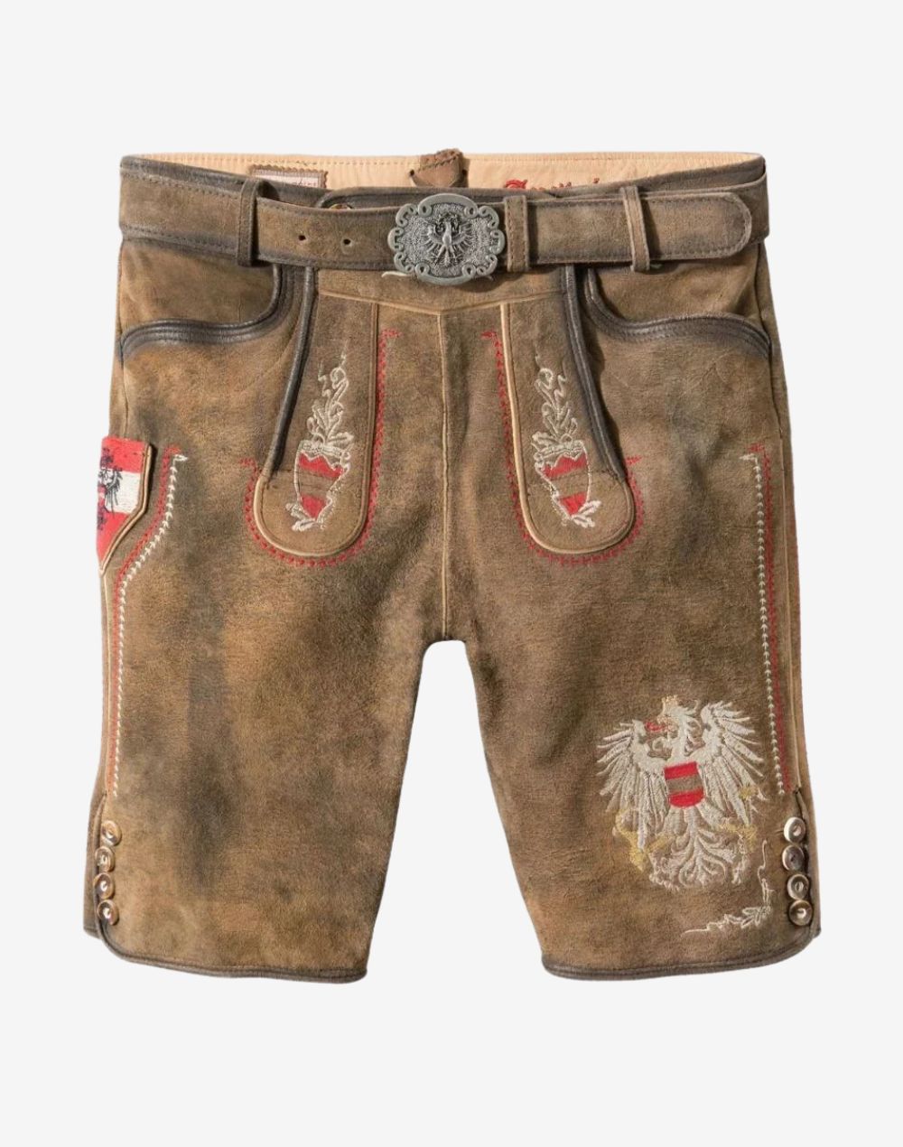 Premium Bavarian Lederhosen Men with belt, brown suede shorts, red crest embroidery and buttoned hem
