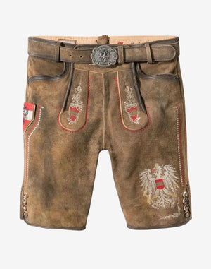 Premium Bavarian Lederhosen Men with belt, brown suede shorts, red crest embroidery and buttoned hem
