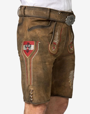 Bavarian Premium Lederhosen Men side view with stitched pocket badge, red accents, metal buckle and buttons