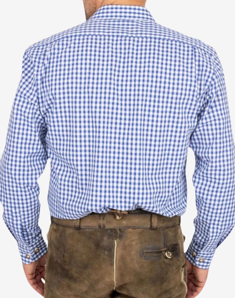 Back view of premium Bavarian shirt for men showing blue check fabric, tailored fit and traditional alpine shirt structure