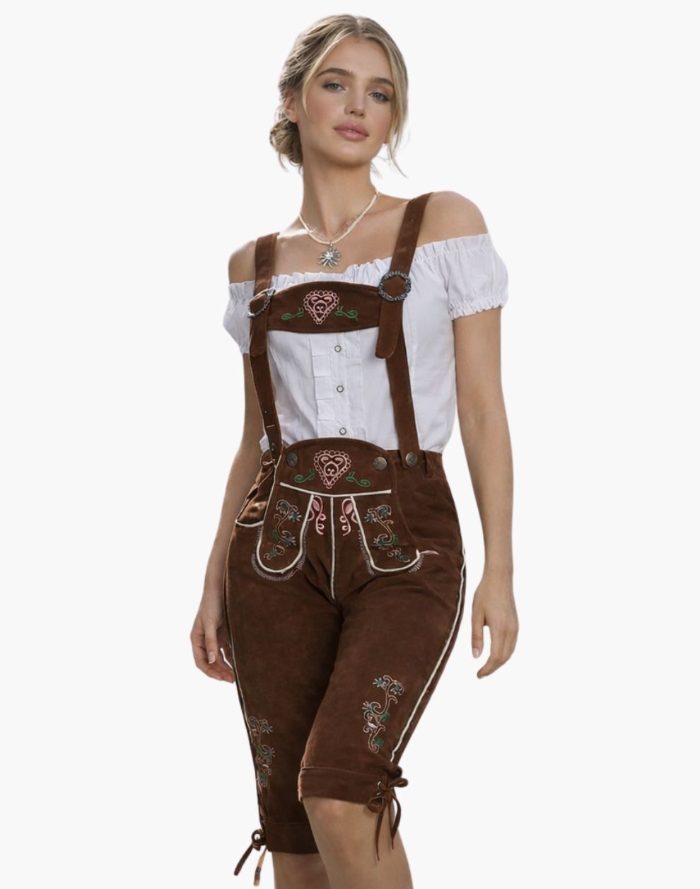 Woman wearing traditional Bavarian lederhosen with a white blouse on a white background