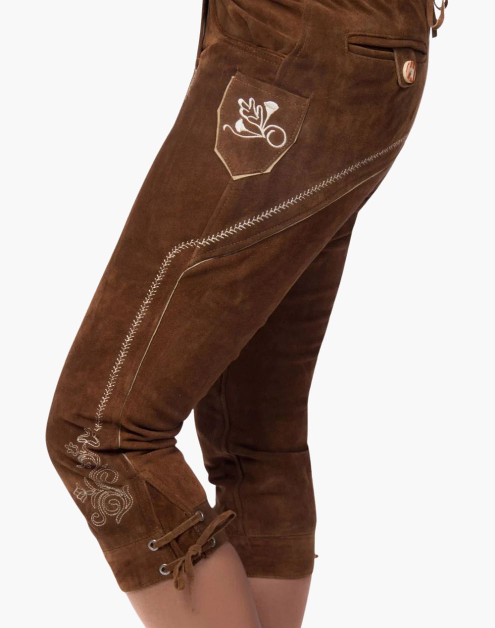 Brown bundhosen with decorative stitching and patterns on a white background