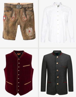 Traditional German clothing items including shorts, shirt, vest, and coat on a white background.