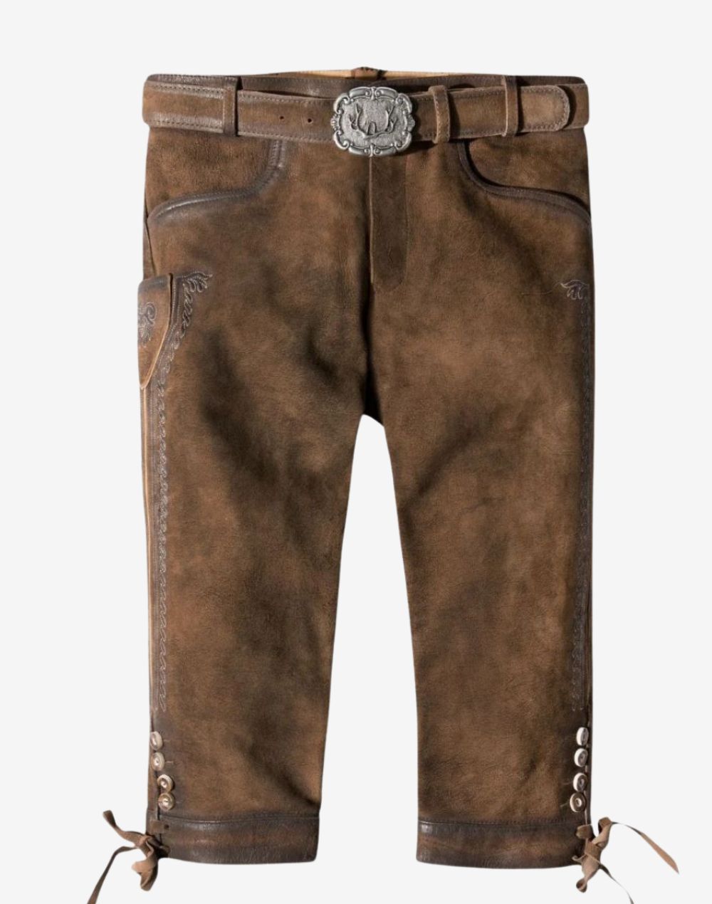 Front view of premium leather bundhosen for men showing brown leather finish, knee length cut and traditional Bavarian design