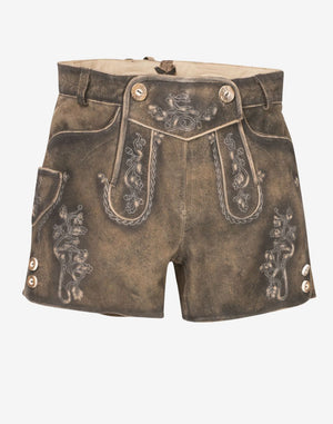 Front view of premium brown women’s leather lederhosen shorts featuring traditional embroidered floral patterns, decorative front flap, side pocket, and button details on the legs.