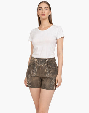 Woman wearing a white t-shirt and brown shorts on a white background
