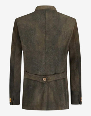 Back view of premium leather trachten jacket for men showing tailored fit, rear belt detail and authentic Bavarian heritage design