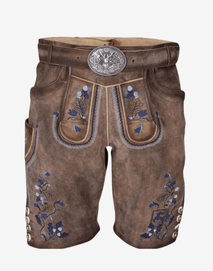 Premium men’s Oktoberfest lederhosen in brown suede leather with blue floral embroidery, traditional front flap, and decorative metal belt buckle