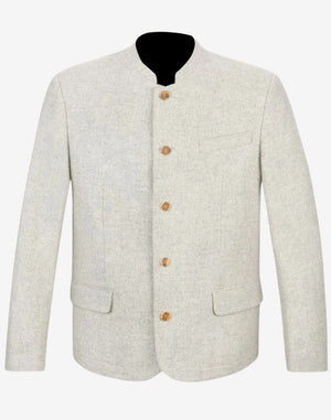 Front view of premium off white wool Trachten jacket featuring alpine buttons, stand collar and classic Bavarian tailoring.