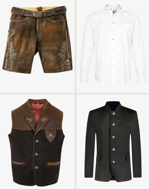 Collection of clothing items including shorts, shirt, vest, and coat on a white background