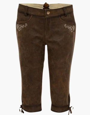 Brown leather pants with decorative stitching on a white background