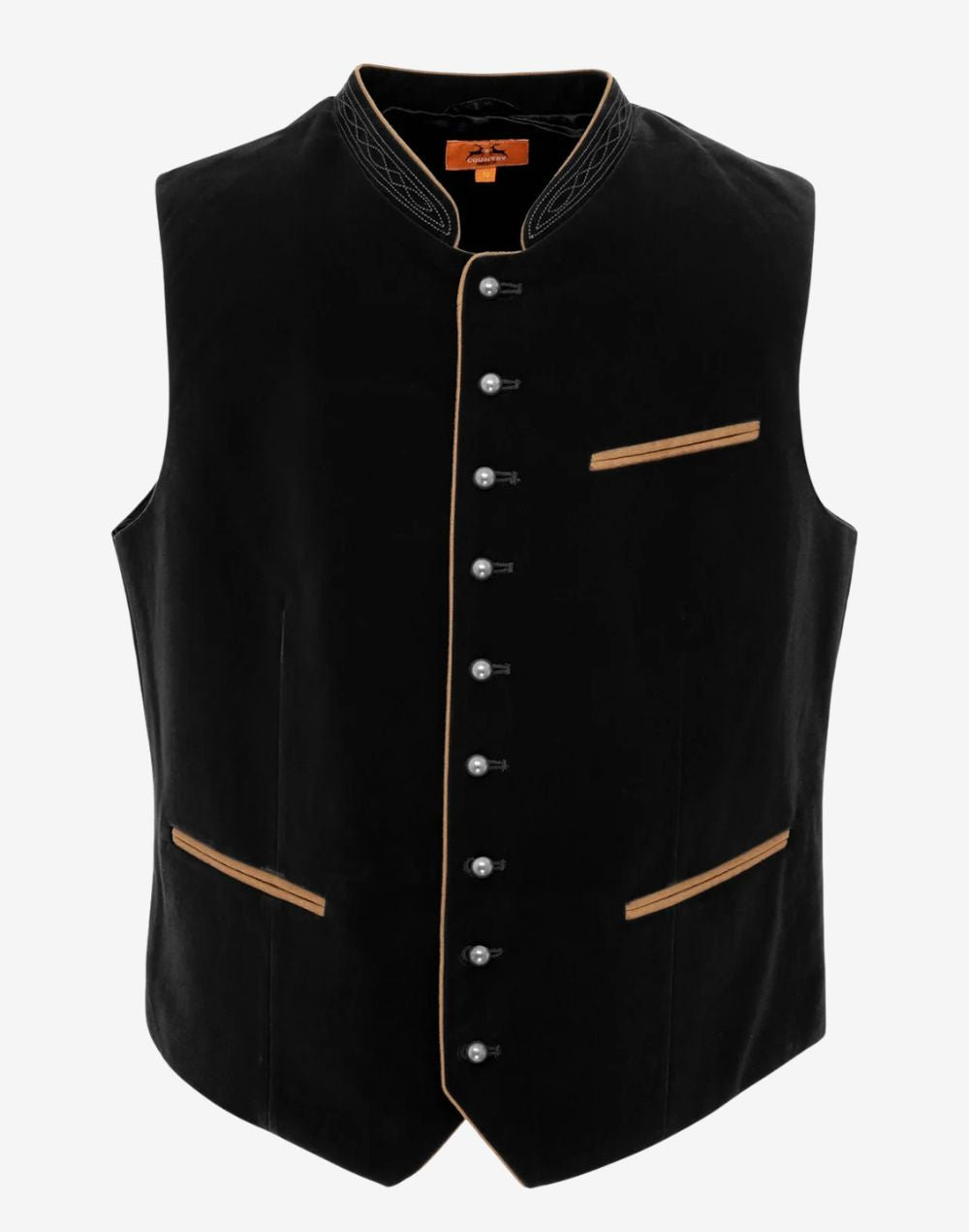 Premium Oktoberfest vest for men in black velvet with decorative metal buttons, embroidered collar and beige trimmed pockets.